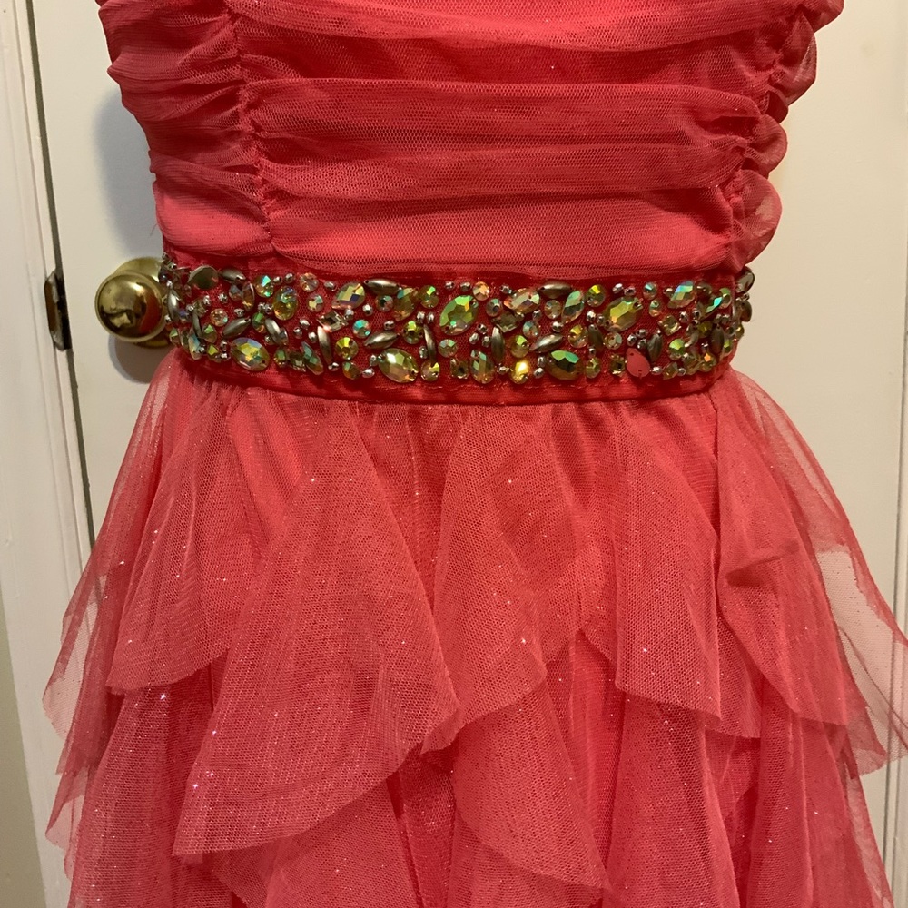 EUC Deb Strapless Coral Sparkly ruffles Prom/ Cocktail mini Dress - Picture 3 of 9